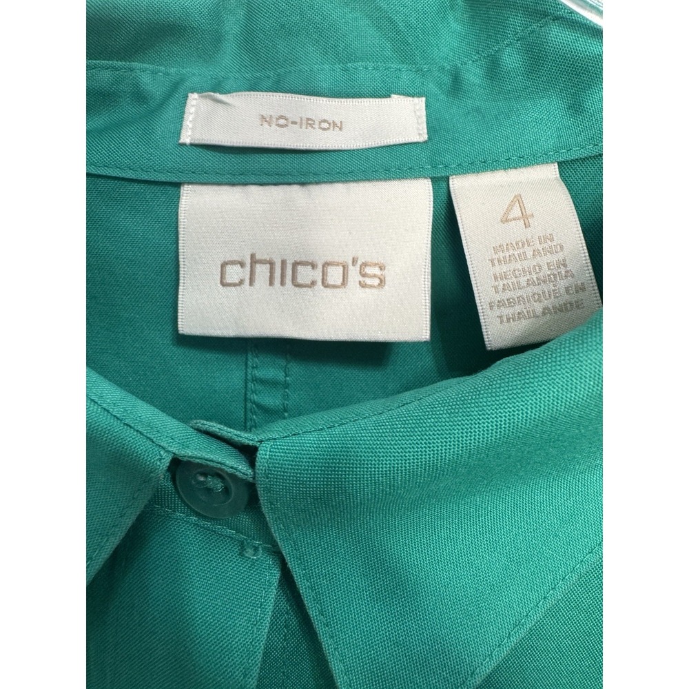 Chicos Size 4 US 2X Green No Iron Button Up Shirt 3/4 Sleeve 100% Cotton Classic - Picture 3 of 4